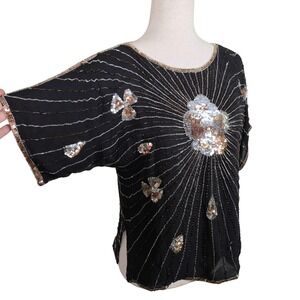 Vintage Beaded Sequin Silk Top New Years Party Retro Black Silver Gold Size L